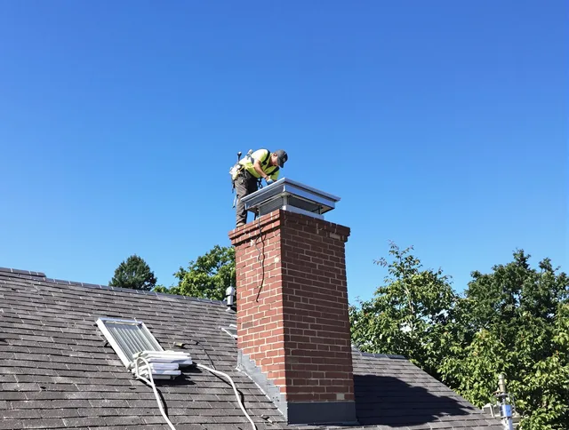 Weston Chimney Sweep technician measuring a chimney cap in Weston, MA