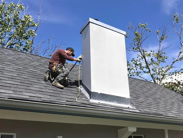 Weston Chimney Sweep team member finishing chimney construction in Weston, MA