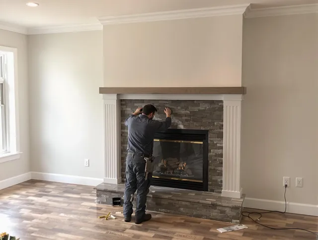 Weston Chimney Sweep finishing a custom fireplace install in Weston, MA